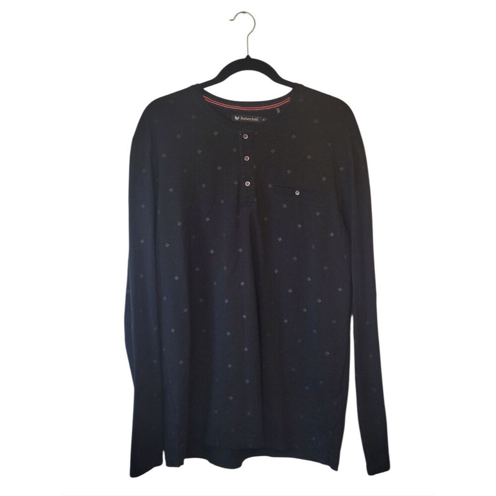 Buttercloth Men's Long Sleeve Henley in Black with Subtle Diamond Print Size XL